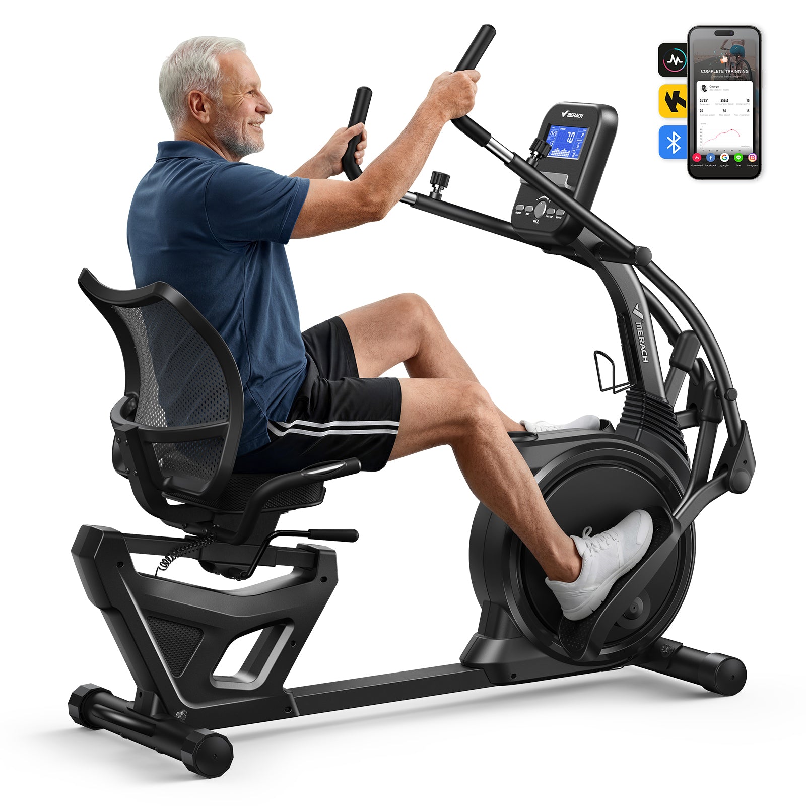 MERACH 2-in-1 Elliptical Recumbent Exercise Bike with Adaptive Resistance, 16-Level Electric Resistance, Adjustable Motion Arms, Smart Training App, LCD Console, 150KG Capacity