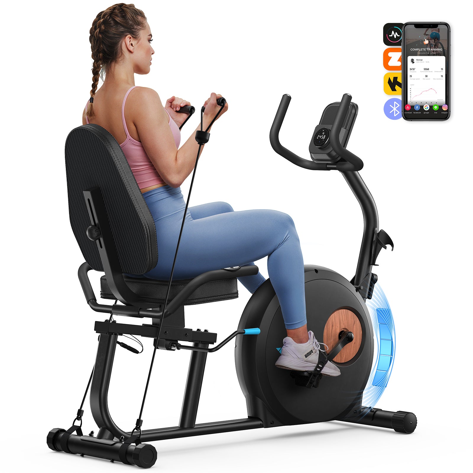 MERACH Self-Powered Recumbent Exercise Bike with Resistance Bands, 16-Level Adaptive Resistance, Smart Training App, Bluetooth, Adjustable Seat & Backrest, Low-Impact Full-Body Workout