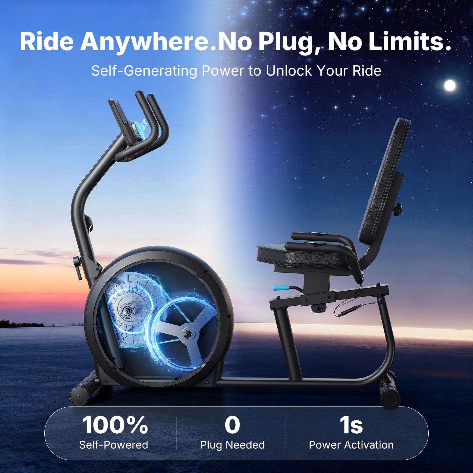 MERACH Self-Powered Recumbent Exercise Bike with Resistance Bands, 16-Level Adaptive Resistance, Smart Training App, Bluetooth, Adjustable Seat & Backrest, Low-Impact Full-Body Workout