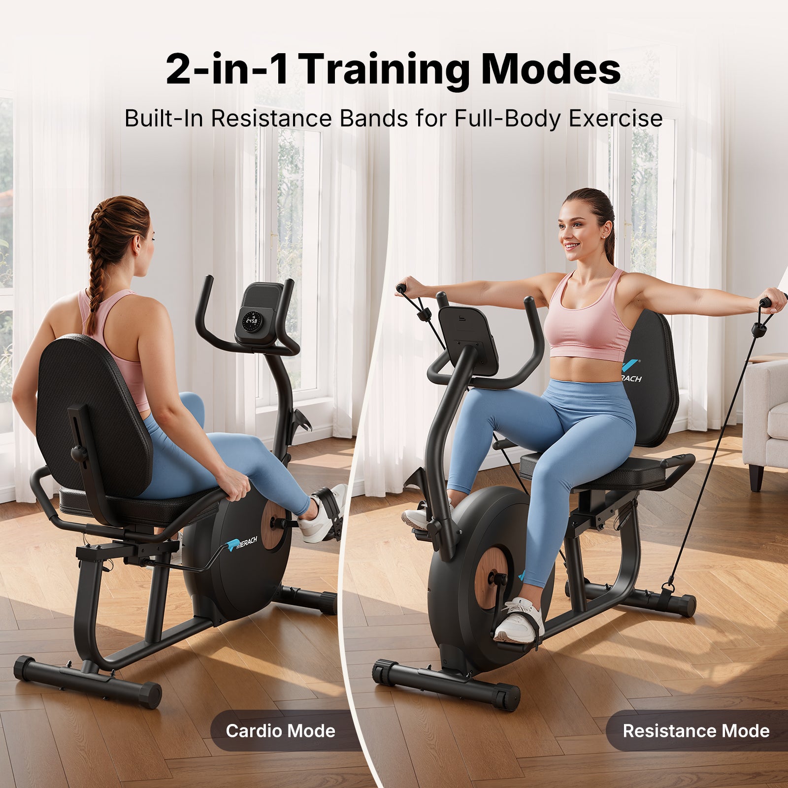 MERACH Self-Powered Recumbent Exercise Bike with Resistance Bands, 16-Level Adaptive Resistance, Smart Training App, Bluetooth, Adjustable Seat & Backrest, Low-Impact Full-Body Workout