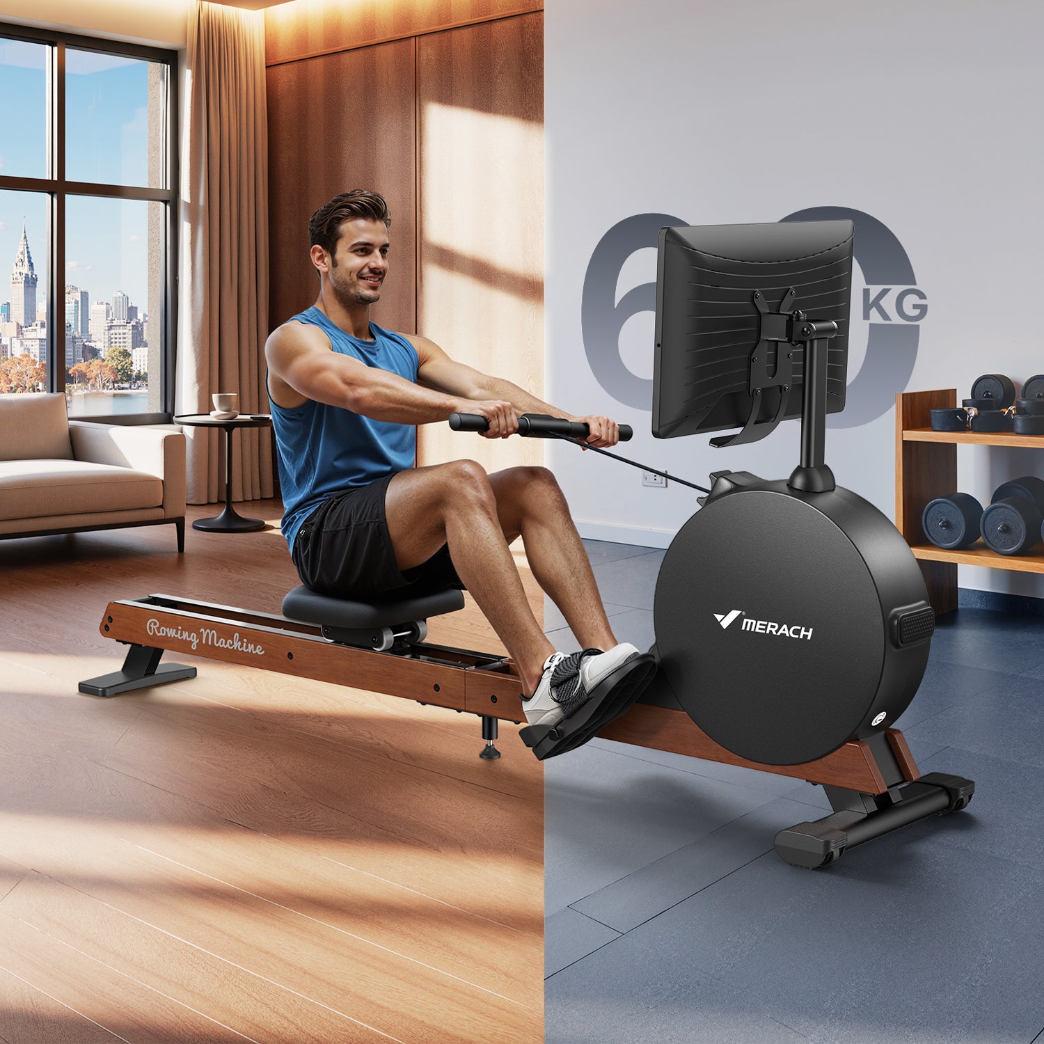 Merach Q3 Aura Rowing Machine with 21.5-inch HD Screen