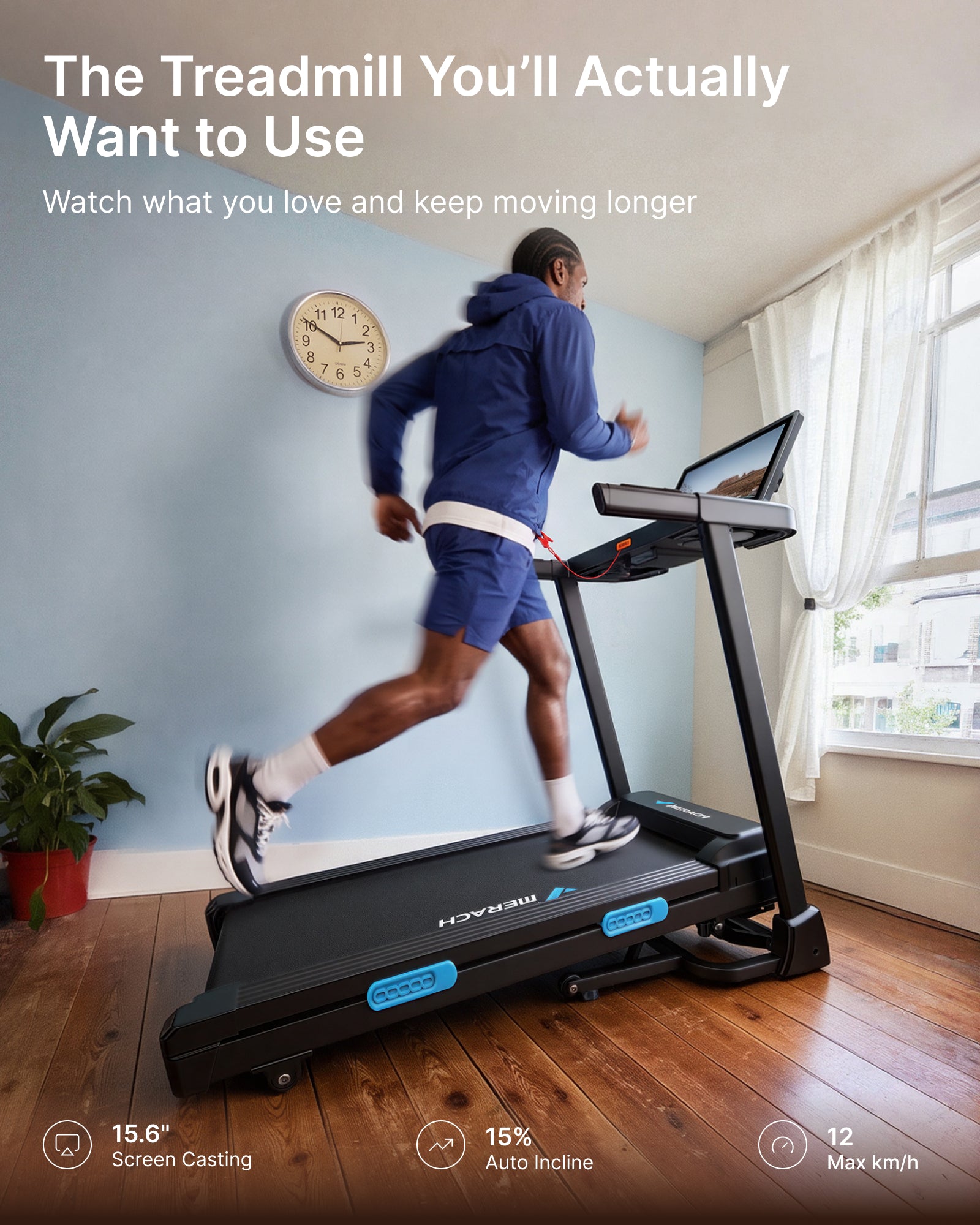 MERACH Performance Folding Treadmill, 15.6" Colour Screen with Screen Casting, Heavy-Duty Reinforced Frame, 15% Auto Incline, 0.8–12 km/h, Multi-Layer Cushioning, Fitness App, 136kg Capacity