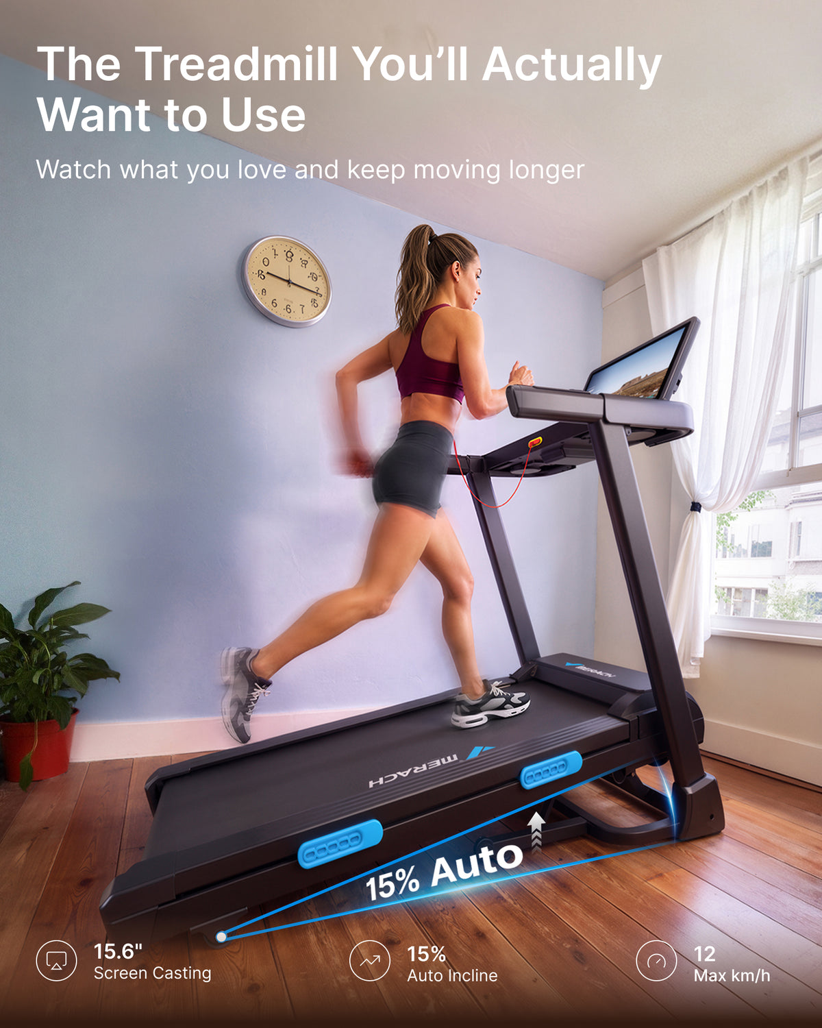 TITLE: MERACH Performance Folding Treadmill for Home with Reinforced Steel Frame Choose LED Display or 15.6" HD Screen with Screen Mirroring. 15% auto incline, 136kg capacity and multi-layer cushioning