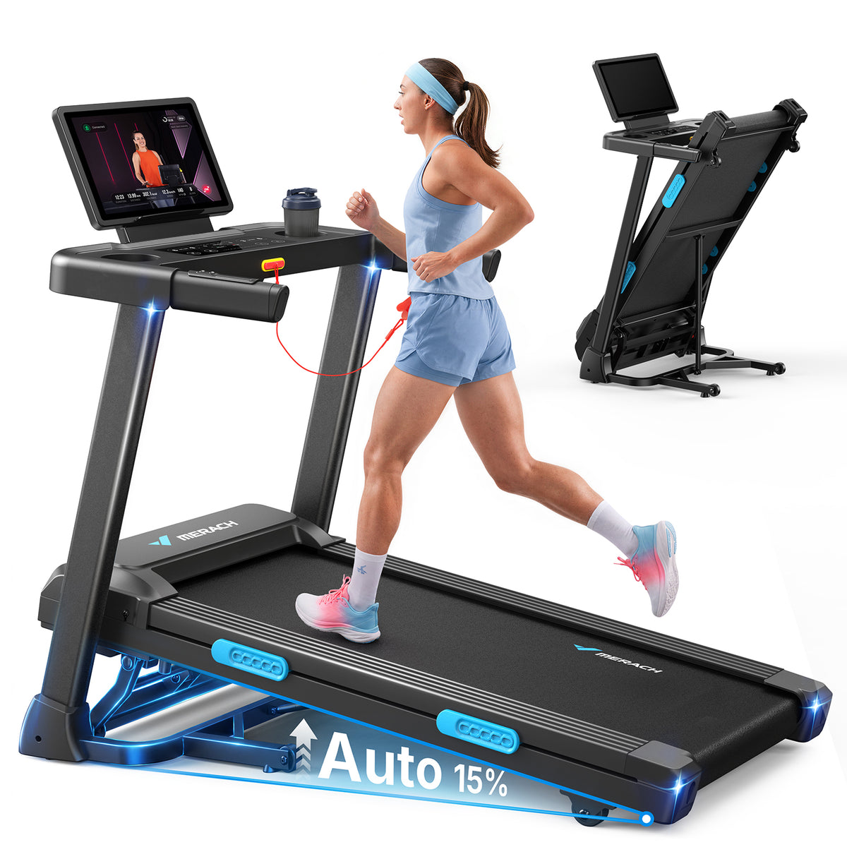 TITLE: MERACH Performance Folding Treadmill for Home with Reinforced Steel Frame Choose LED Display or 15.6" HD Screen with Screen Mirroring. 15% auto incline, 136kg capacity and multi-layer cushioning