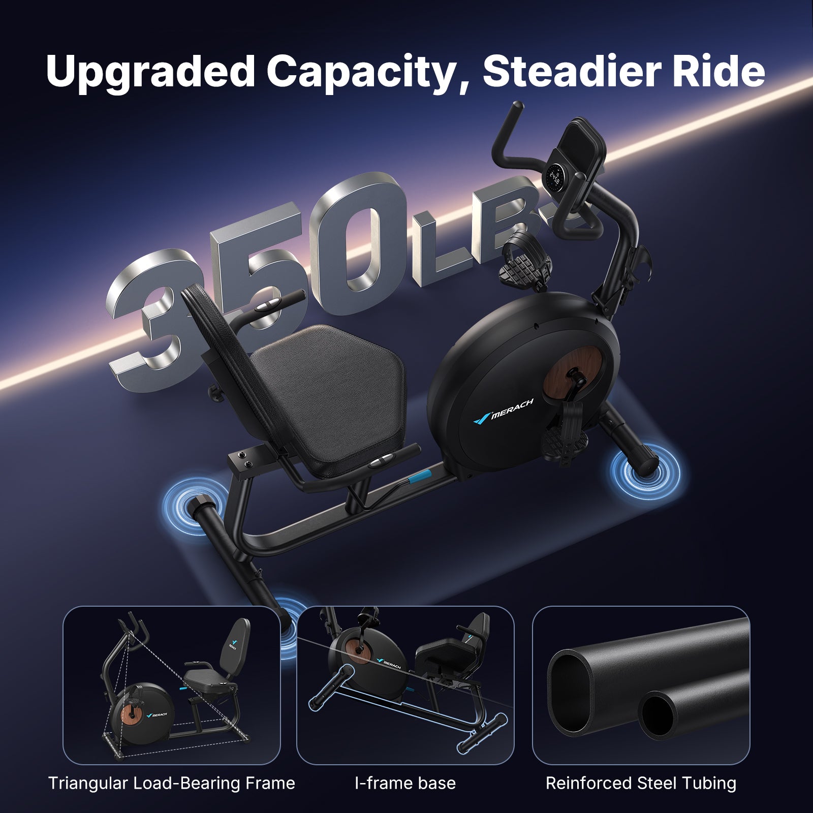 MERACH Self-Powered Recumbent Exercise Bike with Resistance Bands, 16-Level Adaptive Resistance, Smart Training App, Bluetooth, Adjustable Seat & Backrest, Low-Impact Full-Body Workout