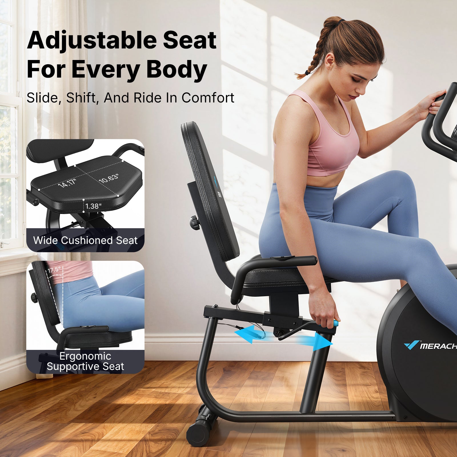 MERACH Self-Powered Recumbent Exercise Bike with Resistance Bands, 16-Level Adaptive Resistance, Smart Training App, Bluetooth, Adjustable Seat & Backrest, Low-Impact Full-Body Workout