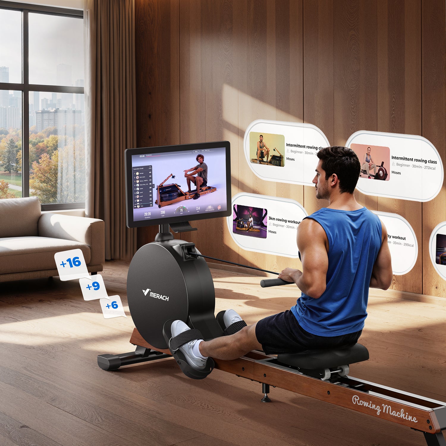 Merach Q3 Aura Rowing Machine with 21.5-inch HD Screen