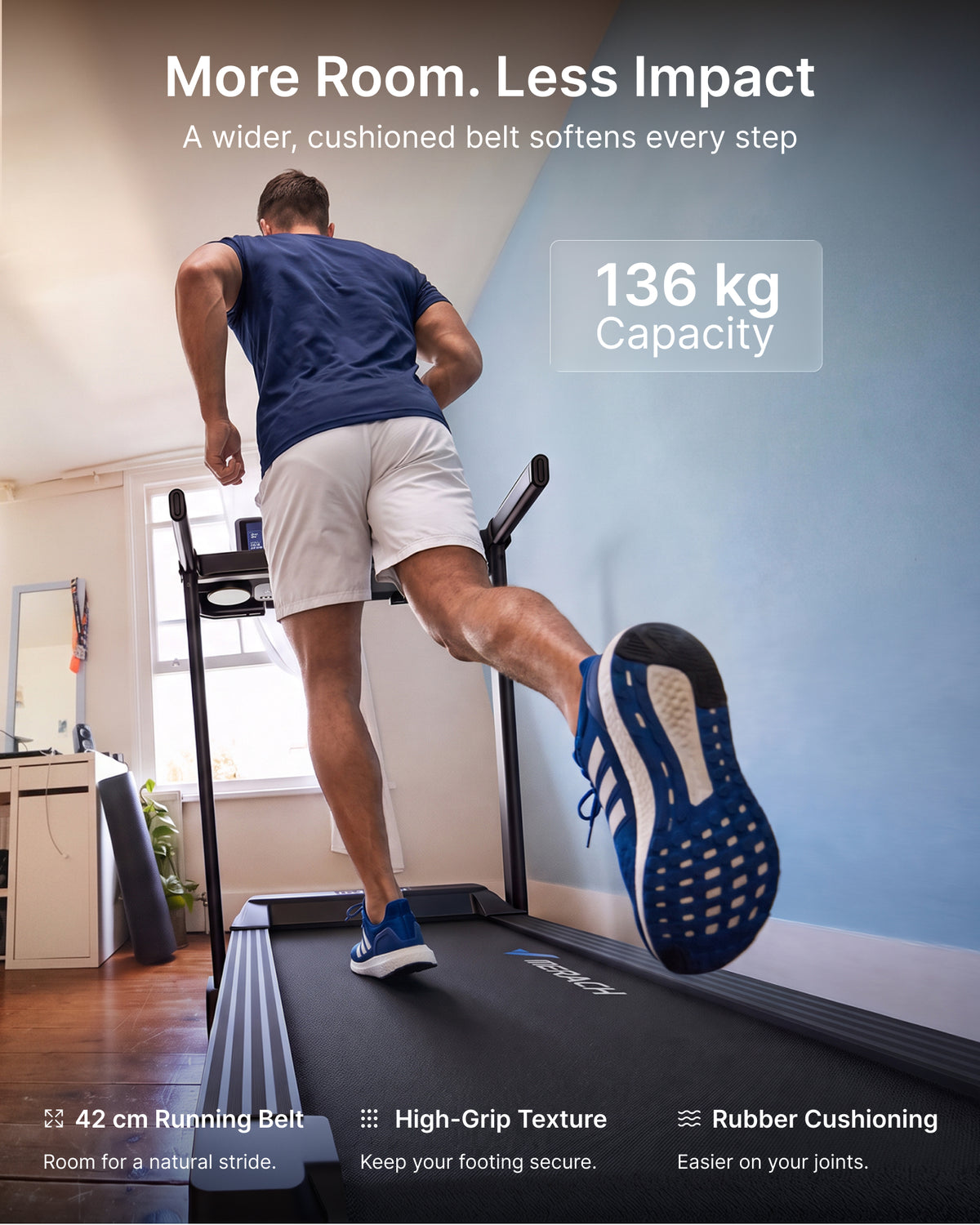 TITLE: MERACH Performance Folding Treadmill for Home with Reinforced Steel Frame Choose LED Display or 15.6" HD Screen with Screen Mirroring. 15% auto incline, 136kg capacity and multi-layer cushioning