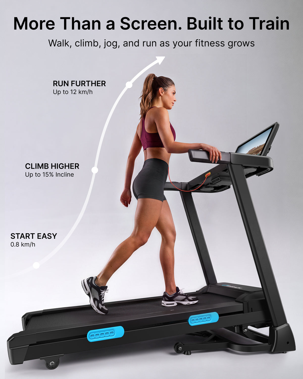 TITLE: MERACH Performance Folding Treadmill for Home with Reinforced Steel Frame Choose LED Display or 15.6" HD Screen with Screen Mirroring. 15% auto incline, 136kg capacity and multi-layer cushioning
