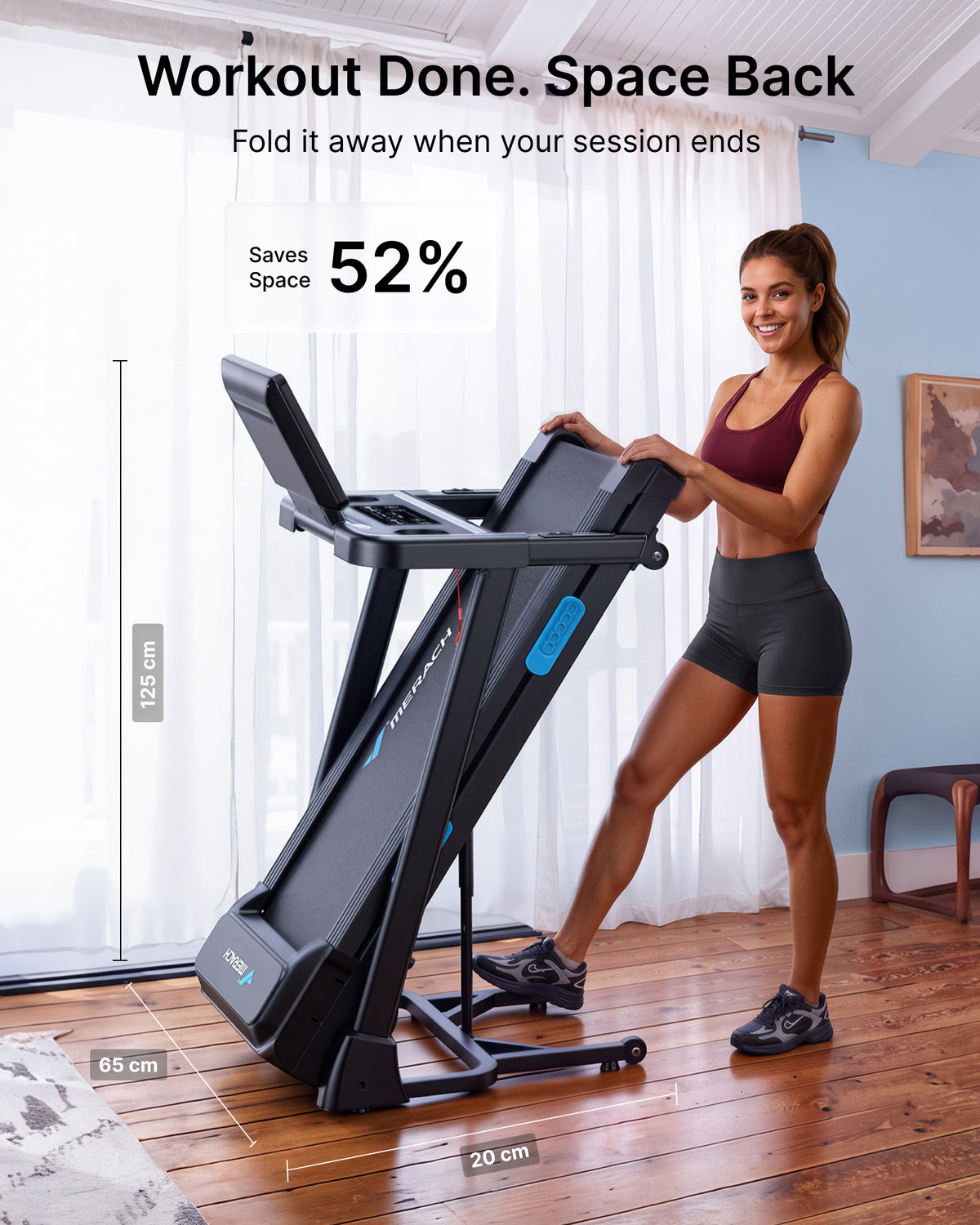 TITLE: MERACH Performance Folding Treadmill for Home with Reinforced Steel Frame Choose LED Display or 15.6" HD Screen with Screen Mirroring. 15% auto incline, 136kg capacity and multi-layer cushioning